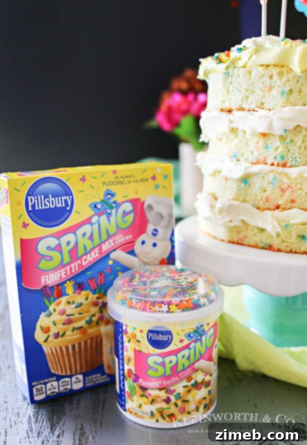 Spring Funfetti Cake 7 Spring celebrations are fun & easy with this Spring Funfetti® Cake. You can create fun family moments with this cake recipe as one of your Easter desserts. Using frosting just in-between layers for that