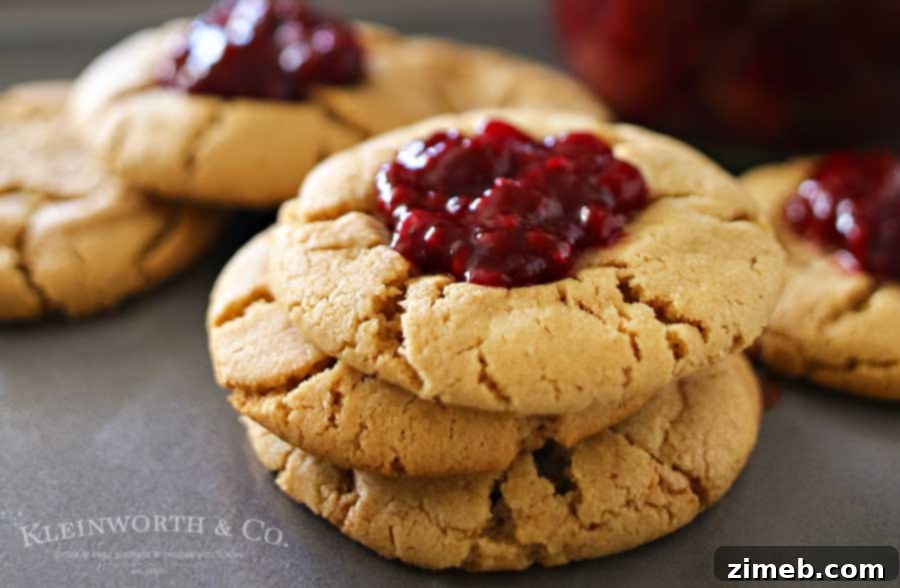 Close-up of freshly baked Peanut Butter & Jelly Cookies with a dollop of blackberry preserves, showcasing their soft, chewy texture.