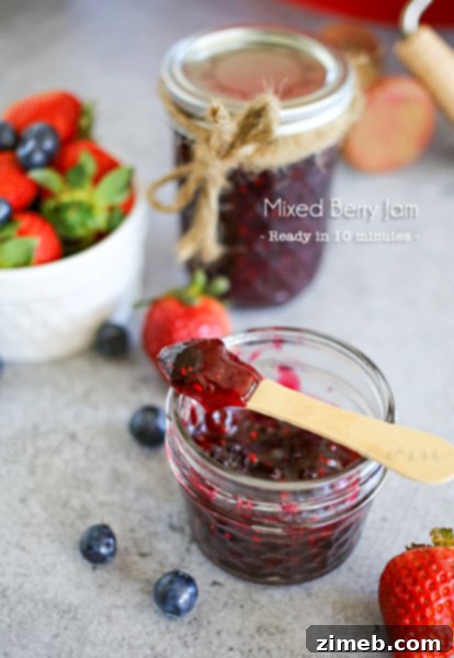 Mixed Berry Quick Jam, a homemade fruit spread perfect for pairing with peanut butter cookies or toast.