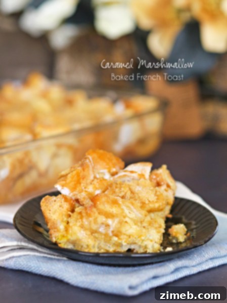 Golden brown Caramel Marshmallow Baked French Toast drizzled with caramel sauce.