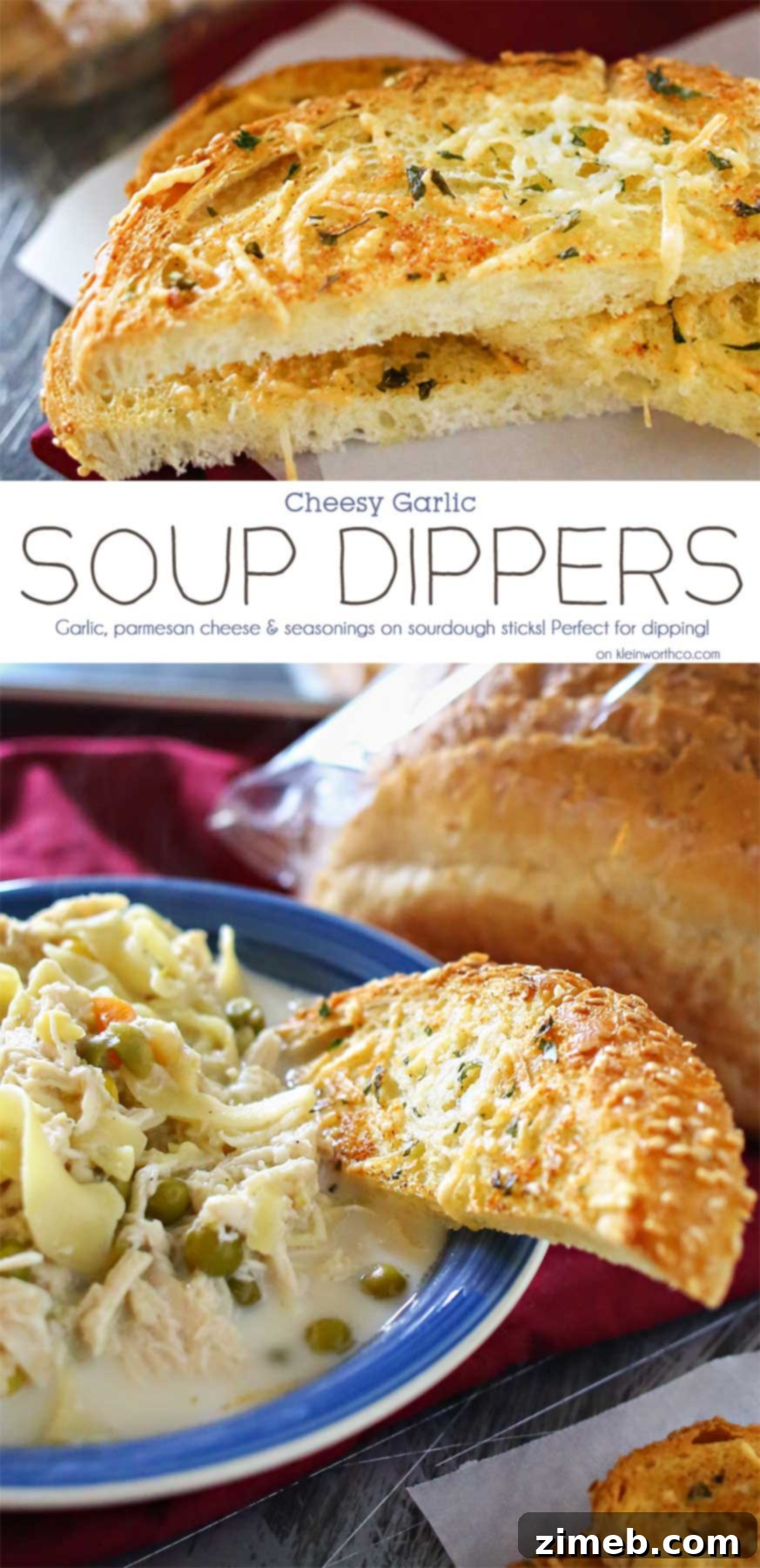 Savory Garlic Cheese Soup Sticks 2 Cheesy Garlic Soup Dippers are broiled sourdough bread sticks loaded with butter, seasonings & Parmesan cheese. Better than croutons & absolutely perfect w/ any soup recipe. All that crunchy, cheesy, garlicky, sourdough goodness- YUM!