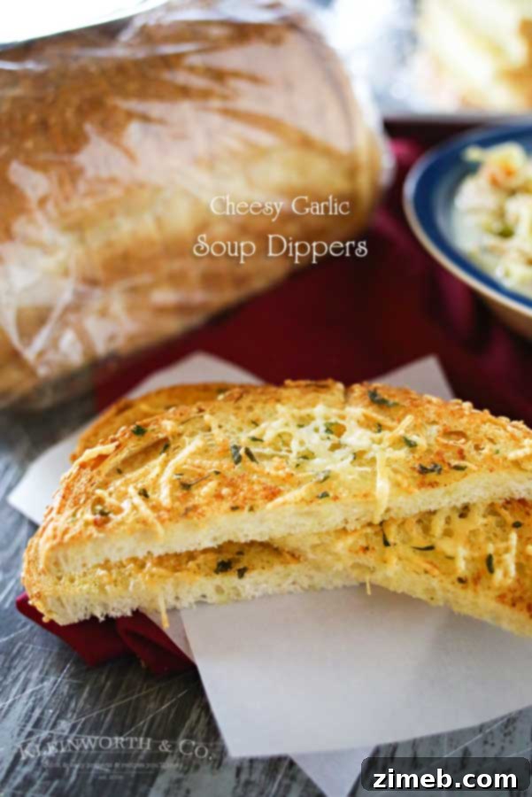 Savory Garlic Cheese Soup Sticks 4 Cheesy Garlic Soup Dippers are broiled sourdough bread sticks loaded with butter, seasonings & Parmesan cheese. Better than croutons & absolutely perfect w/ any soup recipe. All that crunchy, cheesy, garlicky, sourdough goodness- YUM!