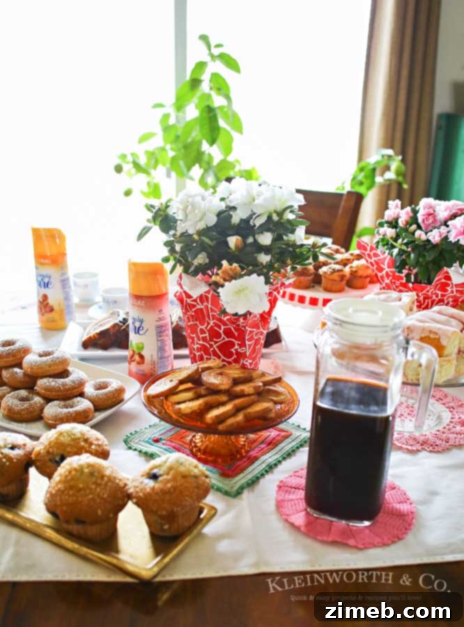Caramel Swirled Whole Wheat Delights 12 An inviting coffee party scene with multiple cups, a teapot, and various treats, all set on a vintage tablecloth.