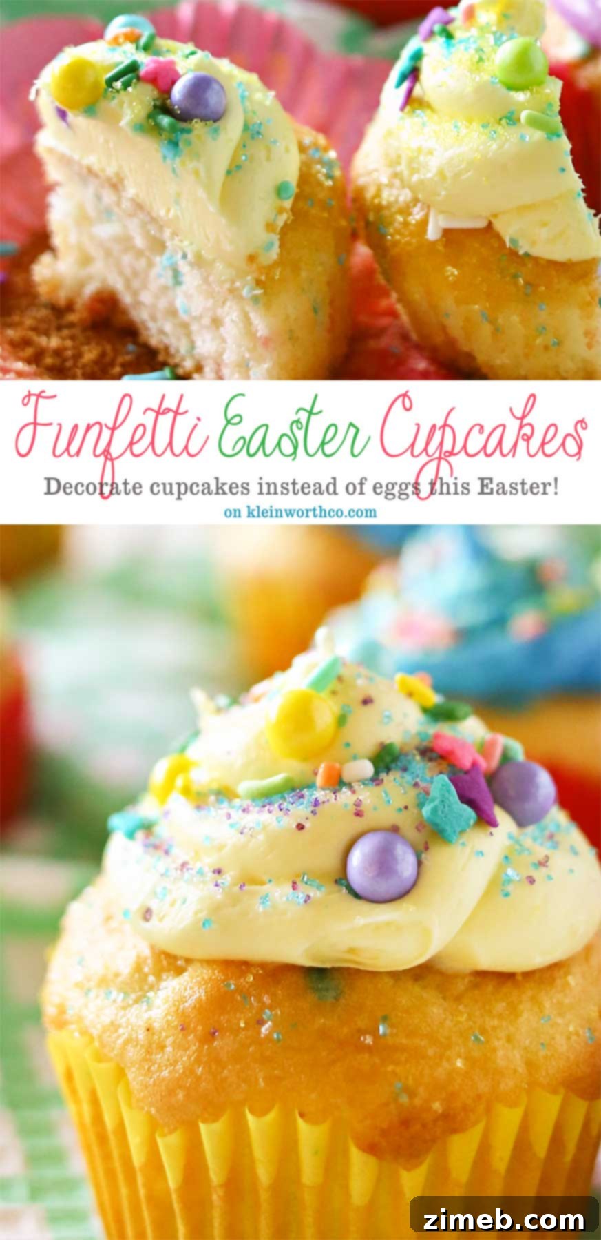 Easter Funfetti Cupcakes 2 Vibrant Funfetti Easter cupcakes adorned with colorful frosting and sprinkles