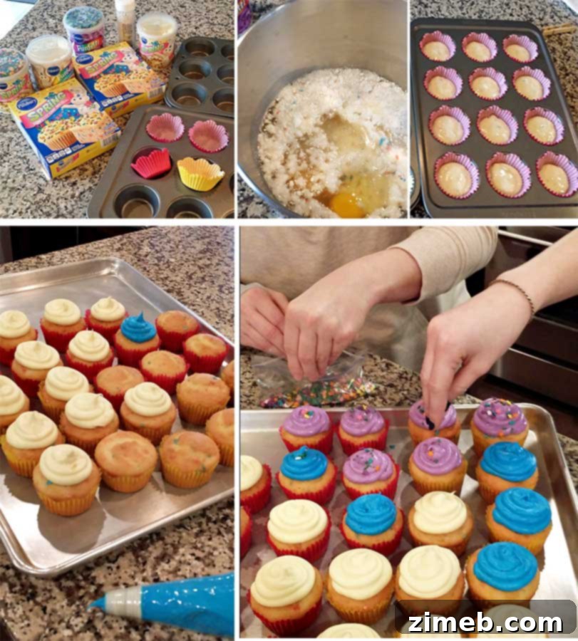 Easter Funfetti Cupcakes 4 Overhead view of multiple festive Funfetti Easter cupcakes with vibrant toppings