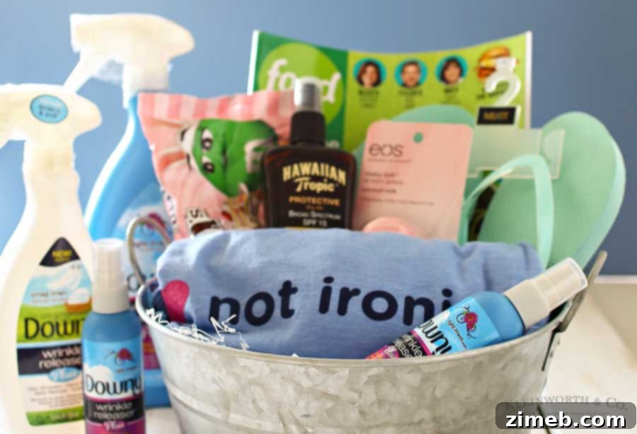 Close-up view of a travel gift basket showcasing Downy Wrinkle Releaser Plus alongside other thoughtful travel essentials.