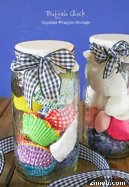 Neatly stored cupcake wrappers in a buffalo check container.