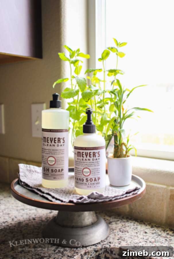 Using Mrs. Meyer's Multi-Surface Cleaner for quick daily dusting, highlighting efficiency.