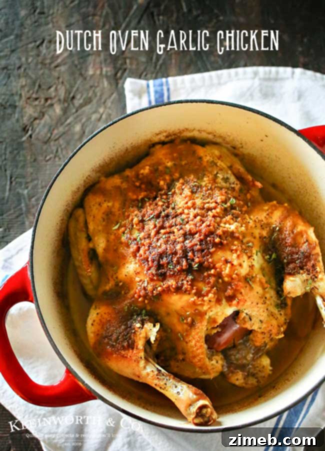 Hearty Dutch Oven Garlic Chicken 4 Dutch Oven Garlic Chicken is a simple chicken dinner recipe that takes just a few minutes of prep & a couple hours to cook. Easy family dinner ideas like roasted chicken are great! I love how simple it is!