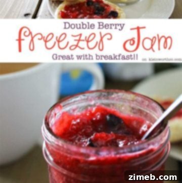 Double Berry Freezer Jam is a simple homemade preserves recipe that takes just about 10 minutes. Perfect for all that summer fruit from the garden! It's great with breakfast or paired with your peanut butter. I even like to add some to my ice cream!