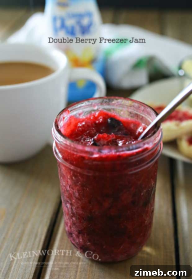 Double Berry Freezer Jam is a simple homemade preserves recipe that takes just about 10 minutes. Perfect for all that summer fruit from the garden! It's great with breakfast or paired with your peanut butter. I even like to add some to my ice cream!
