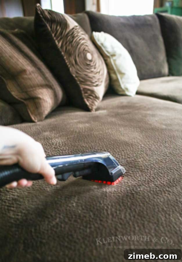 Complete your deep cleaning by addressing furniture, removing dust, allergens, and stains from soft surfaces with specialized cleaners.