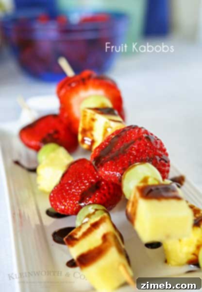 Colorful Fruit Kabobs, a healthy and fun low-calorie dessert idea for parties and BBQs.