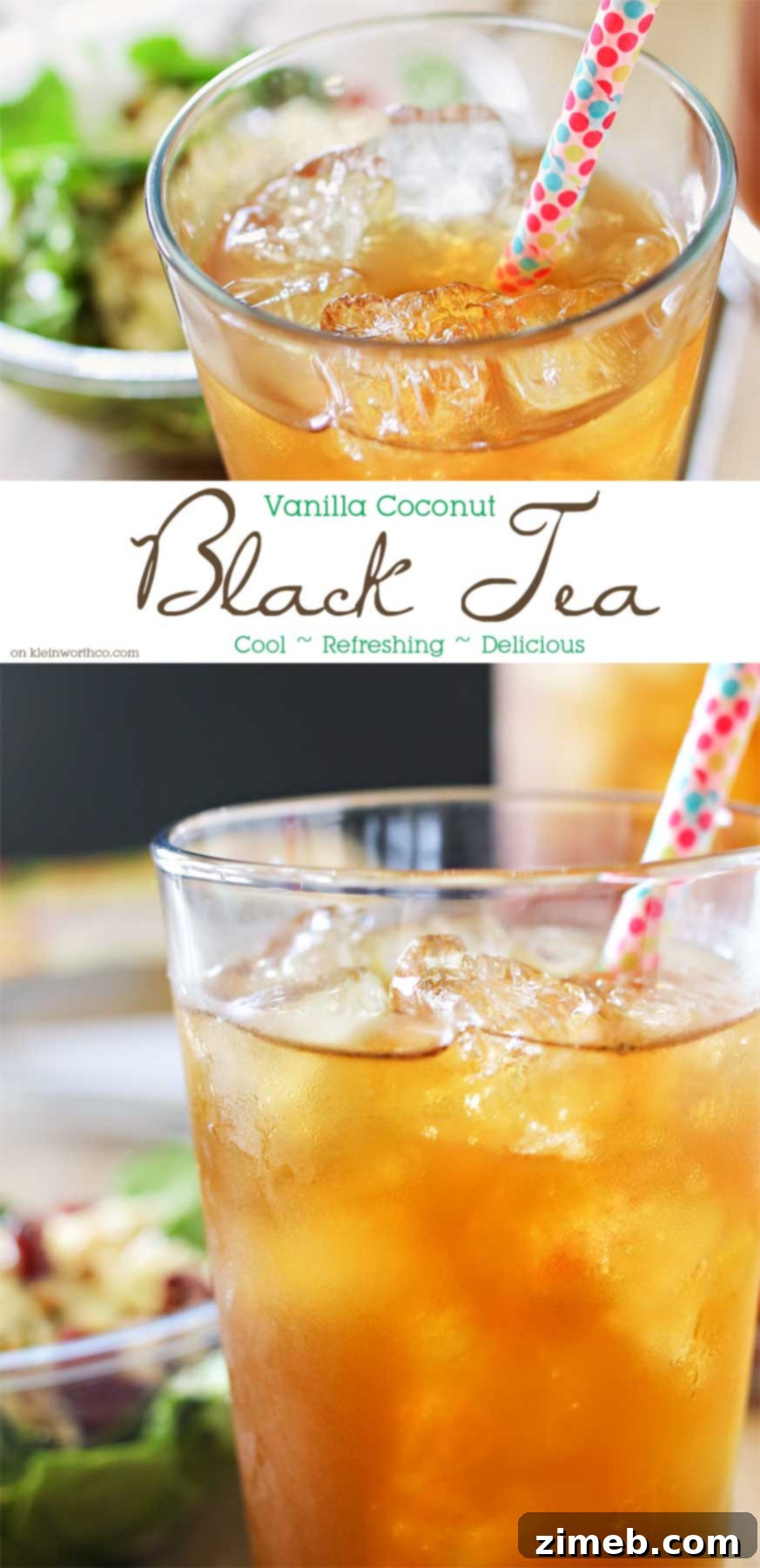 Sip and Savor: Vanilla Coconut Black Tea and Elevate Organic Salads 8 A vibrant, fresh salad accompanied by a glass of homemade Vanilla Coconut Black Tea, set against a bright, natural background.