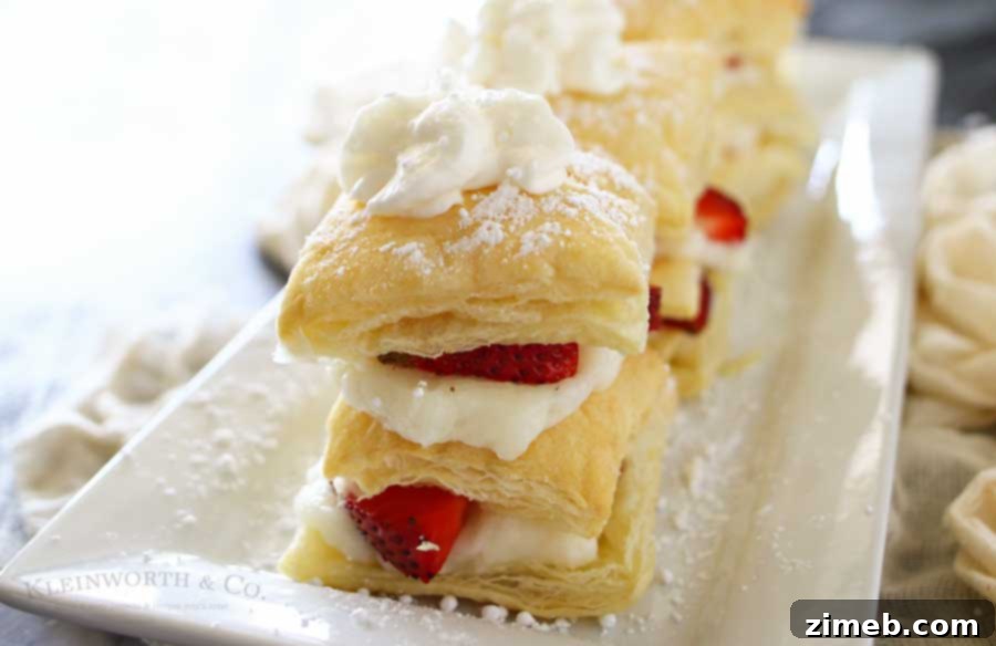 Flaky Strawberry Napoleons 2 Strawberry Napoleons are an easy dessert recipe made with puff pastry, pudding, strawberries & dusted with confectioners sugar. The perfect summer dessert for any occasion, featuring layers of golden puff pastry and fresh fruit.