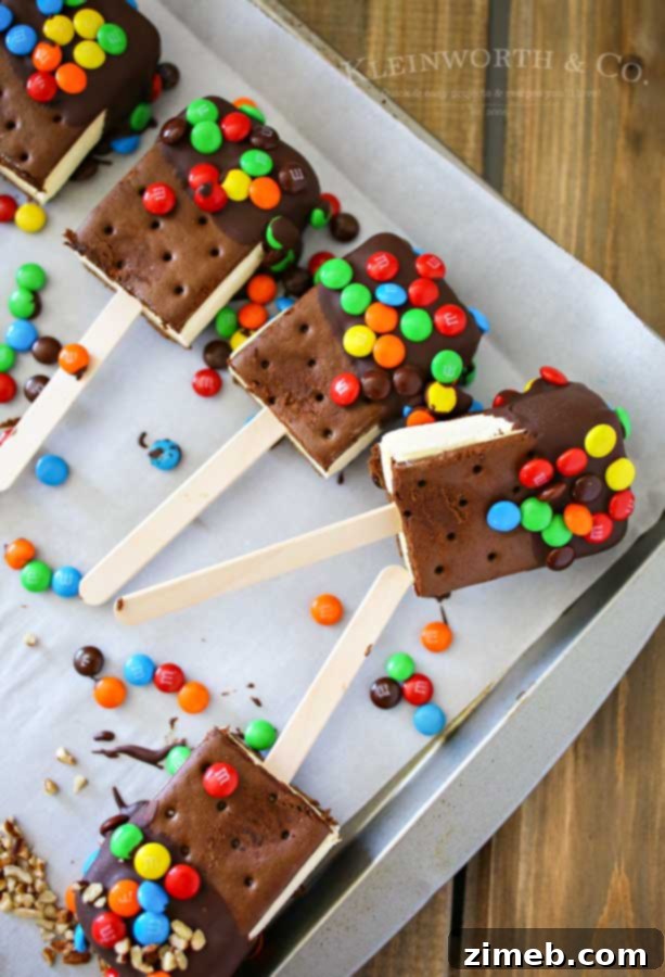 Irresistible Ice Cream Sandwich Pops 2 Close-up of a chocolate-dipped Ice Cream Sandwich Pop with a wooden stick, surrounded by sprinkles.