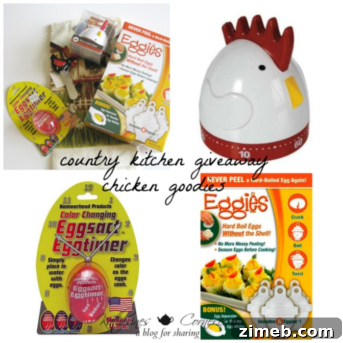 Enter to Win a Cozy Country Kitchen 3 A collection of adorable chicken-themed kitchen accessories including timers, tea towels, and a cheese spreader.
