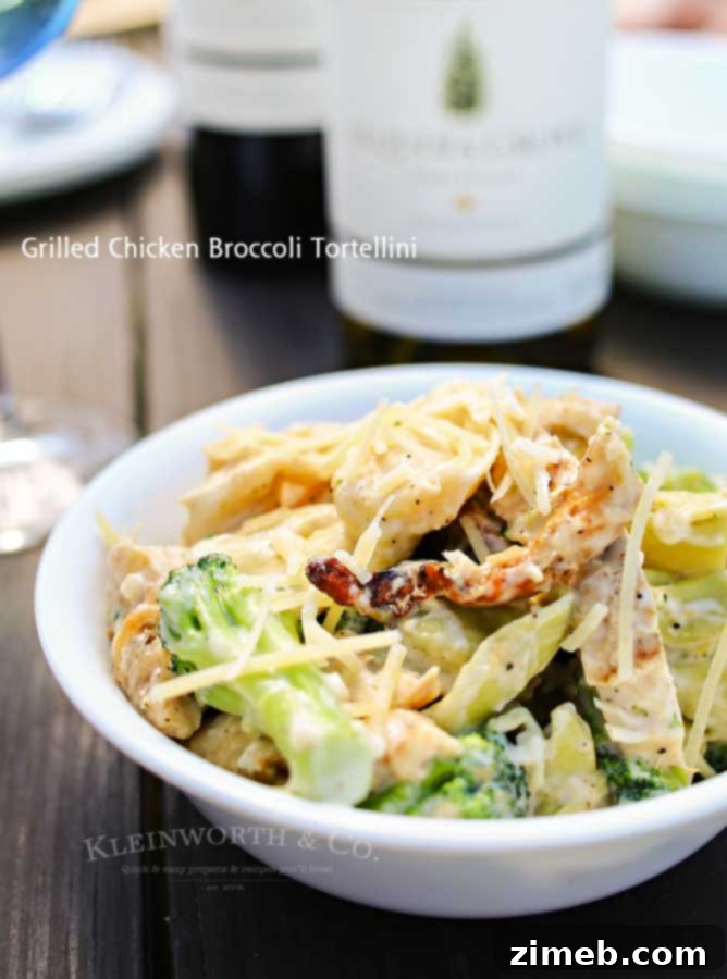 Grilled Chicken and Broccoli Tortellini 8 Grilled chicken, broccoli & tortellini in a creamy garlic cheese sauce makes this Grilled Chicken Broccoli Tortellini a delicious easy family dinner idea.
