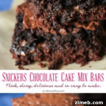 Delicious Snickers Chocolate Cake Mix Bars, ready to be enjoyed.