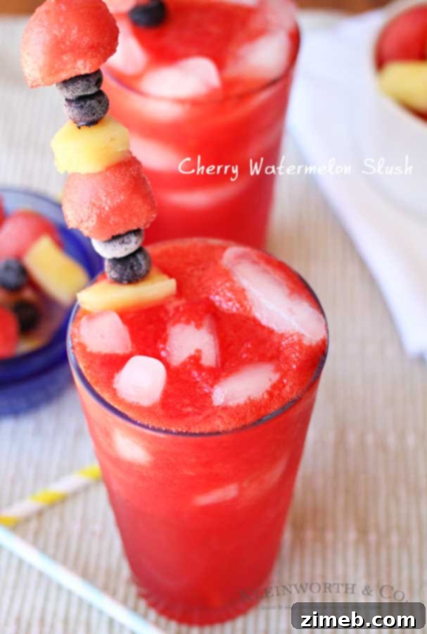 Cherry Watermelon Freeze 3 Cherry Watermelon Slush is a refreshing watermelon drink recipe that will keep you cool all summer. It's our family's favorite summer slushie recipe. YUM!