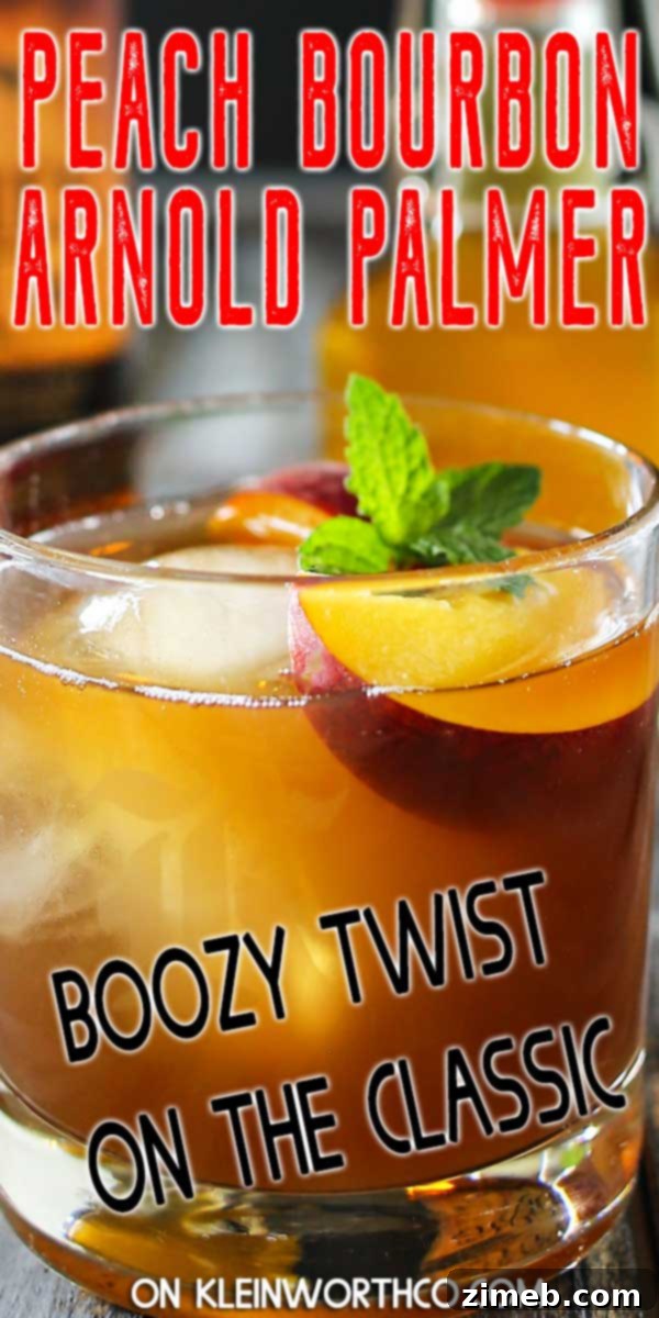 Peachwood Palmer 2 Refreshing Peach Bourbon Arnold Palmer cocktail with ice and peach slices.