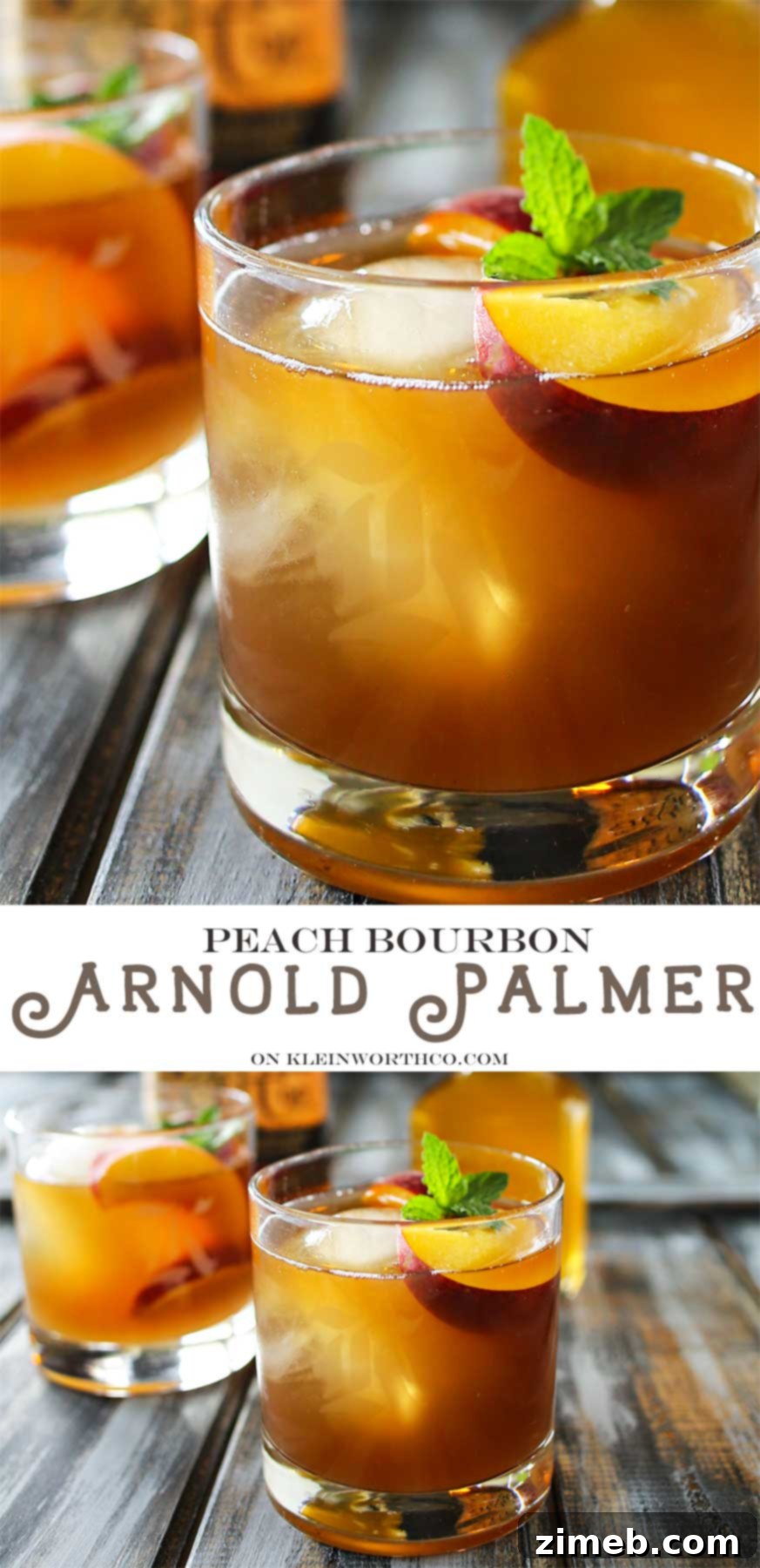Peachwood Palmer 11 A vibrant Peach Bourbon Arnold Palmer cocktail garnished with fresh peach slices and a mint sprig, ready for sipping.