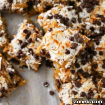 Caramel Coconut Blondies finished with toasted coconut and chocolate chips.