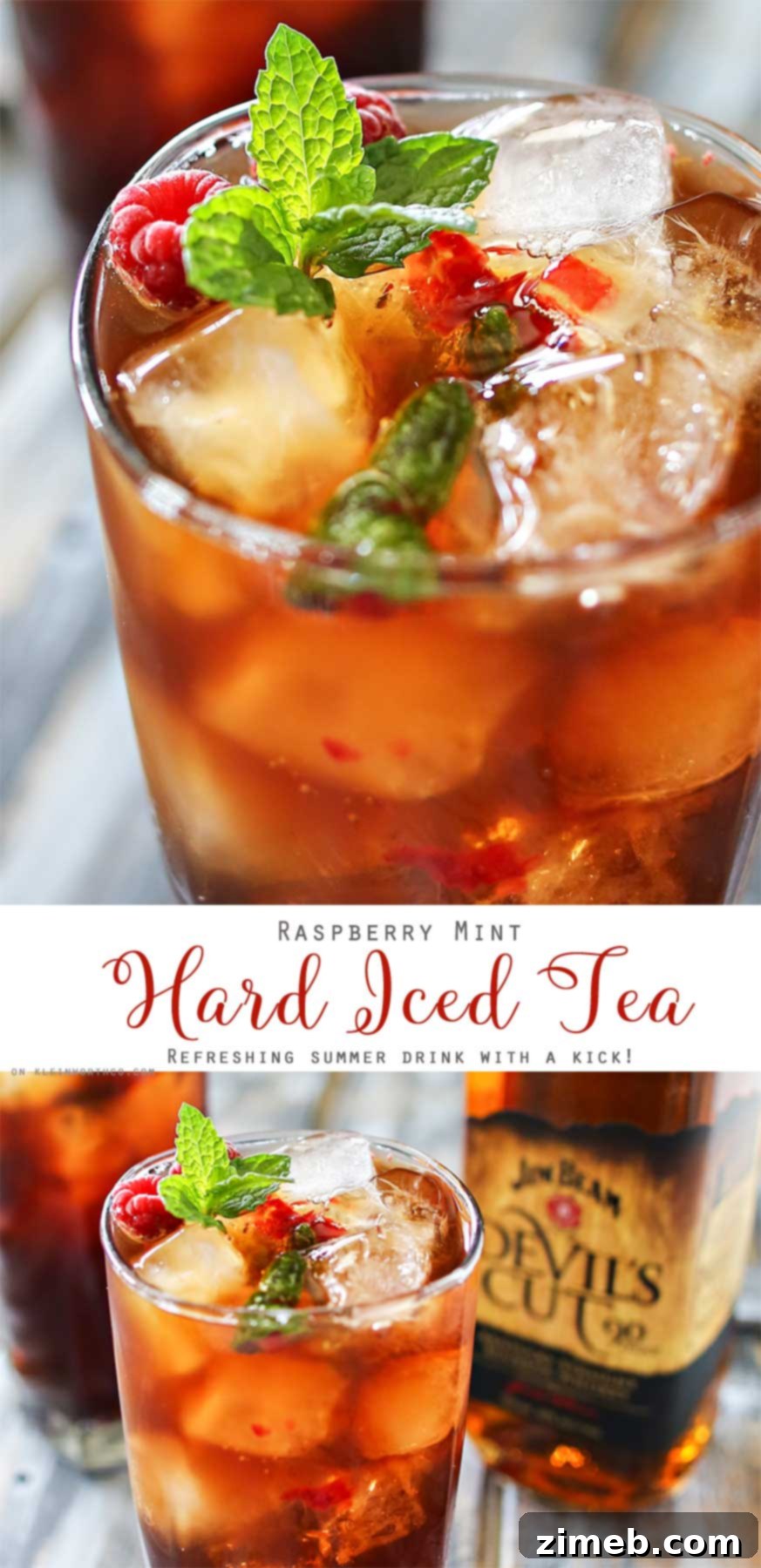 Spirited Raspberry Mint Iced Tea 2 Refreshing Raspberry Mint Hard Iced Tea cocktail, perfect for a hot summer day. Features fresh raspberries, mint, lemon, black tea, and a hint of whiskey.