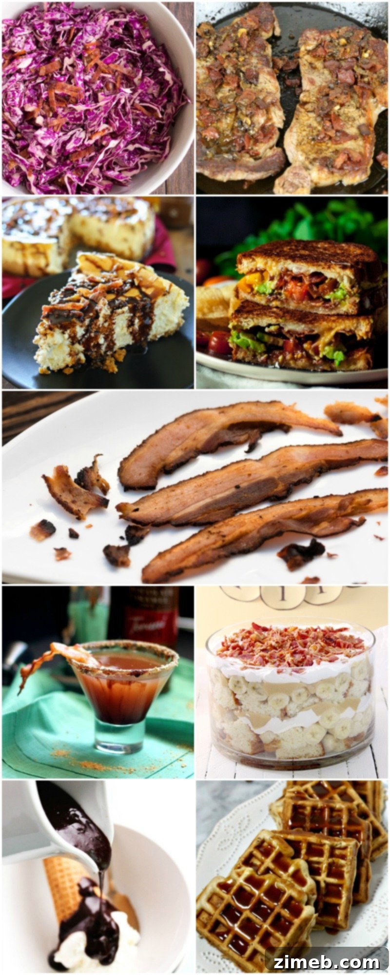 Heavenly Bacon Bourbon Caramel Cheesecake 13 A collage of various bacon-themed dishes from different bloggers, including Bacon Bourbon Caramel Cheesecake.