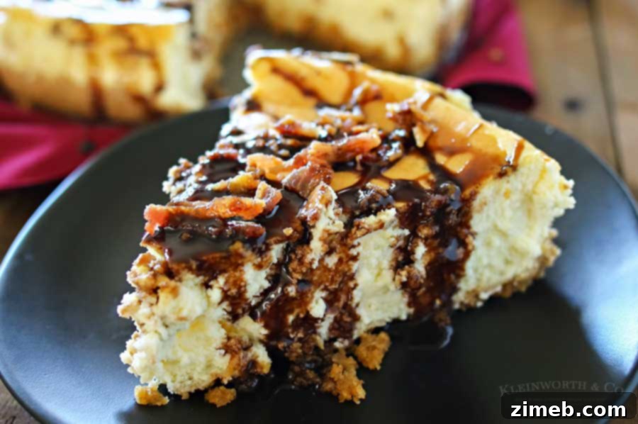 Heavenly Bacon Bourbon Caramel Cheesecake 2 Close-up of a slice of Bacon Bourbon Caramel Cheesecake, showing layers of crust, creamy filling, and delicious toppings.