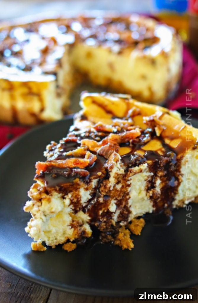 Heavenly Bacon Bourbon Caramel Cheesecake 7 A close-up of the caramel drizzle on the cheesecake, highlighting its glossy texture.