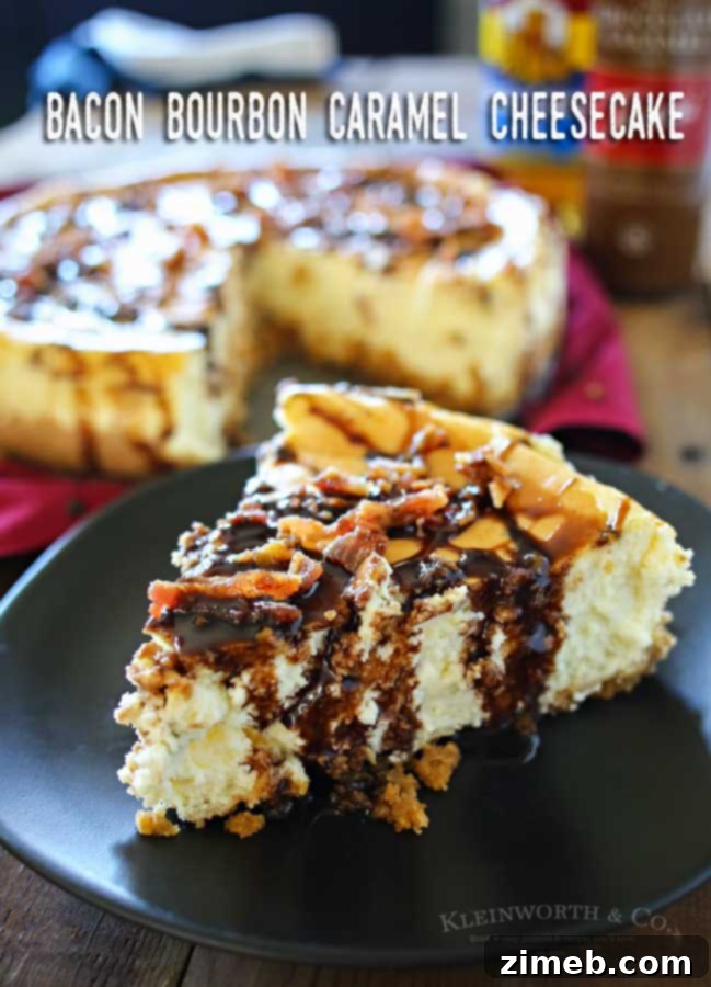 Heavenly Bacon Bourbon Caramel Cheesecake 9 A large, beautifully decorated Bacon Bourbon Caramel Cheesecake, ready for serving.