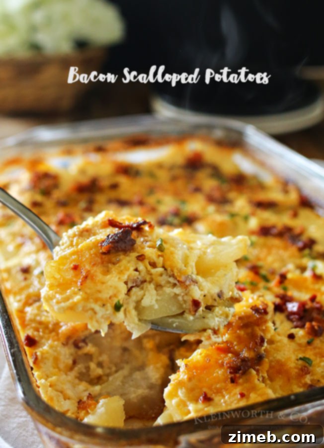 Creamy Bacon Scalloped Potatoes 5 A serving of creamy Bacon Scalloped Potatoes on a plate, showing the rich texture and bacon pieces.