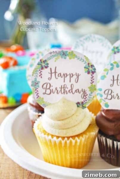 Woodland Flowers Cupcake Toppers are easy cake decorations for birthday parties. Free printables cupcake ideas for girls parties or a woodland party theme.