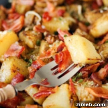 Crispy Golden Skillet Potatoes with Smoky Bacon 4 Skillet Breakfast Potatoes & Bacon, golden brown and garnished.