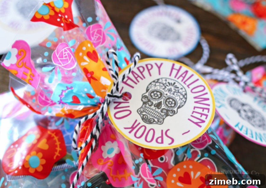 Sugar Skull Printable Favor Tags 3 Close-up of Sugar Skull Printable Gift Tag Goodie Bags, showcasing their vibrant designs and perfect size for Halloween treats.