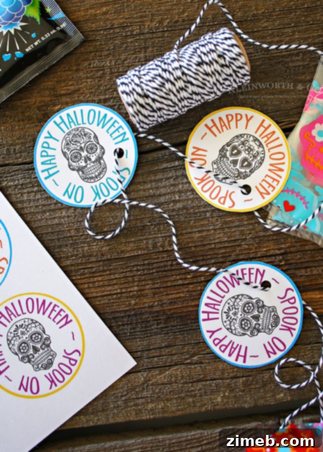 Sugar Skull Printable Favor Tags 4 Multiple Sugar Skull Printable Gift Tag Goodie Bags arranged, ready to be filled with candy and toys for Halloween.