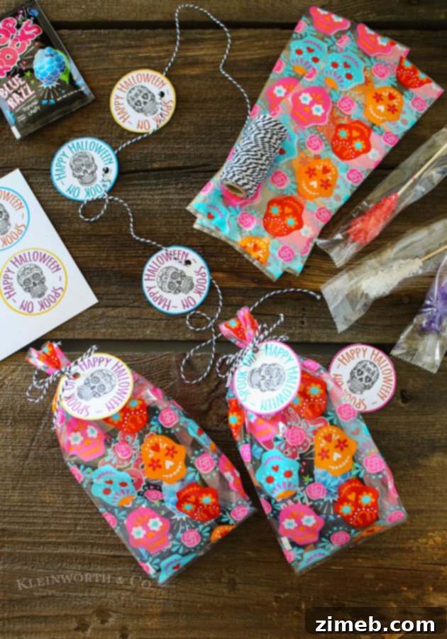 Sugar Skull Printable Favor Tags 5 A single Sugar Skull Printable Gift Tag Goodie Bag filled with treats, showcasing the charming printable tag design.