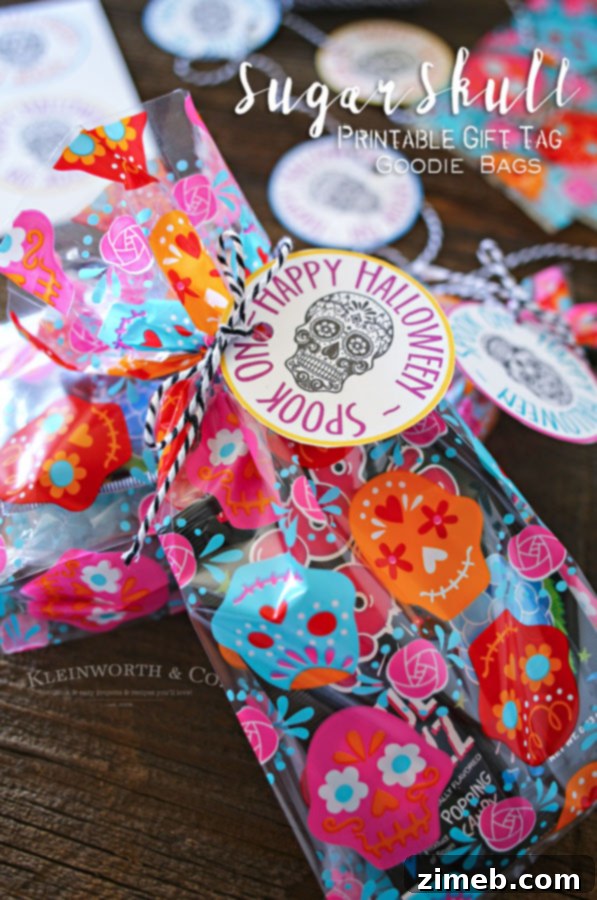 Sugar Skull Printable Favor Tags 6 A collection of completed Sugar Skull Printable Gift Tag Goodie Bags, ready for distribution at a Halloween party.