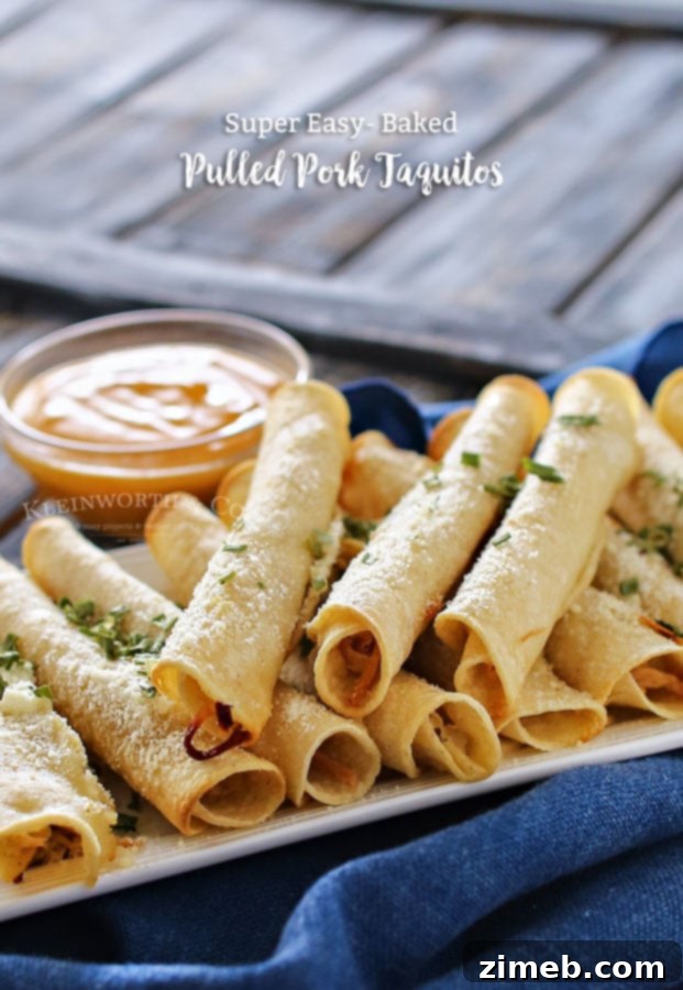 Crispy Pulled Pork Roll-Ups 5 Platter of freshly baked Pulled Pork Taquitos with a variety of dips