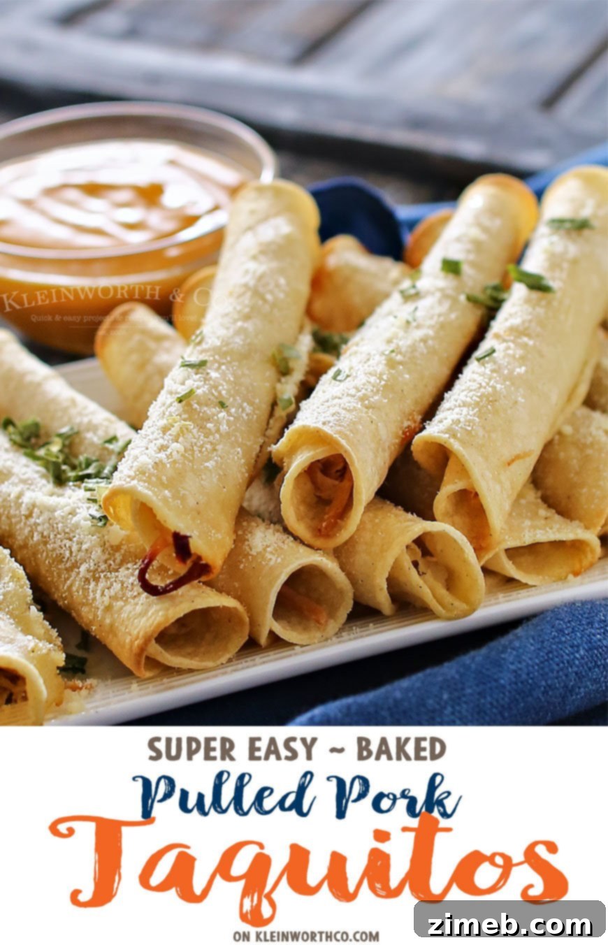 Crispy Pulled Pork Roll-Ups 10 A large platter of Baked Pulled Pork Taquitos, perfectly arranged for serving