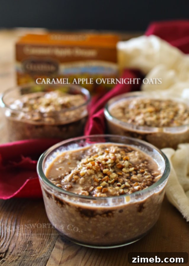 A prepared jar of Caramel Apple Overnight Oats, ready for refrigeration, showcasing the layered ingredients.