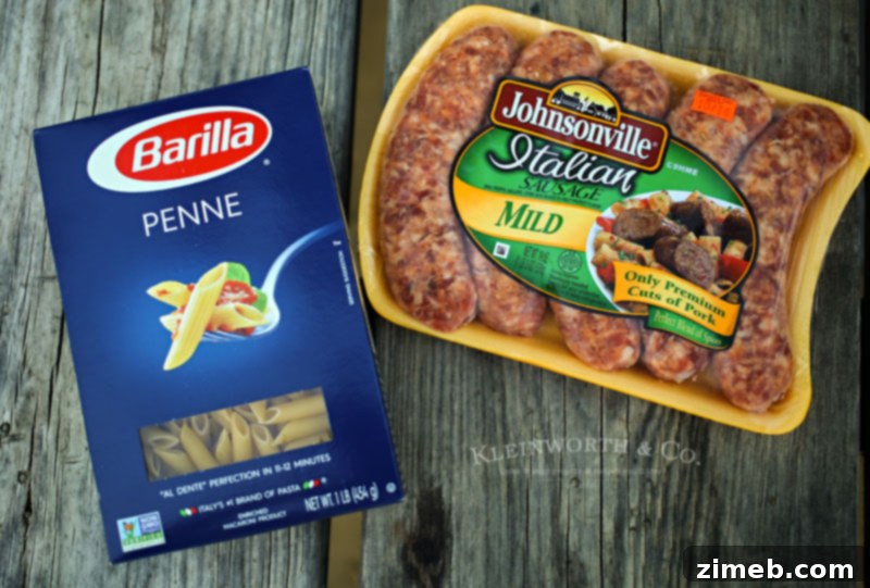 Classic Sausage Penne Alfredo 3 Ingredients for budget-friendly Penne Sausage Alfredo, including Barilla pasta and Johnsonville sausage.