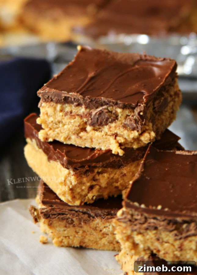Java Peanut Butter Delights 3 Coffee Peanut Butter Bars: A stack of perfectly layered no-bake bars, highlighting the chocolate and peanut butter layers.