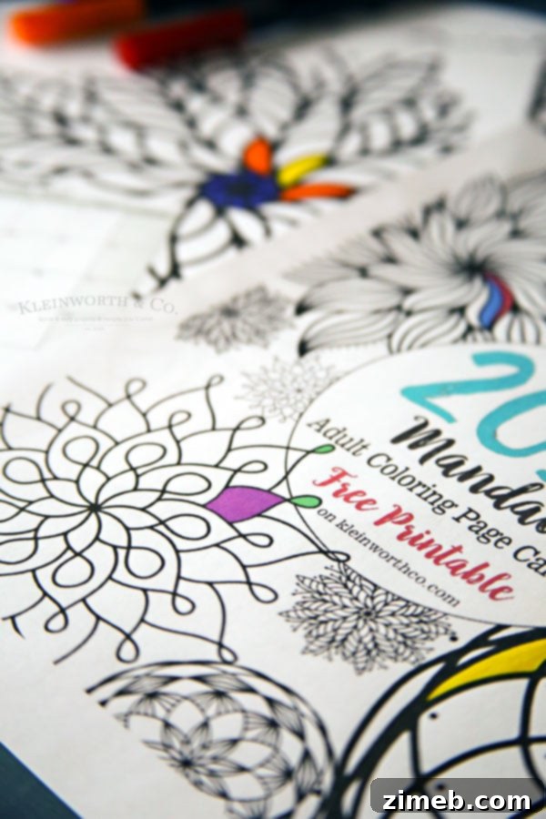 Completed sample page from the 2017 Mandala Adult Coloring Page Calendar free printable