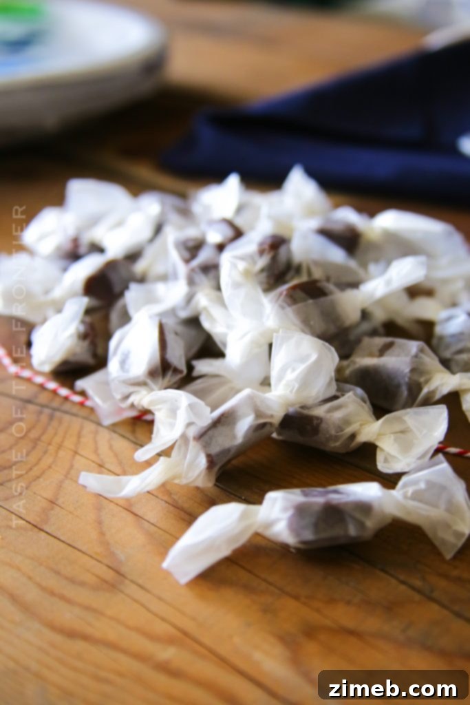 Effortless Chocolate Caramel Chews 5 Caramel candy squares wrapped in wax paper