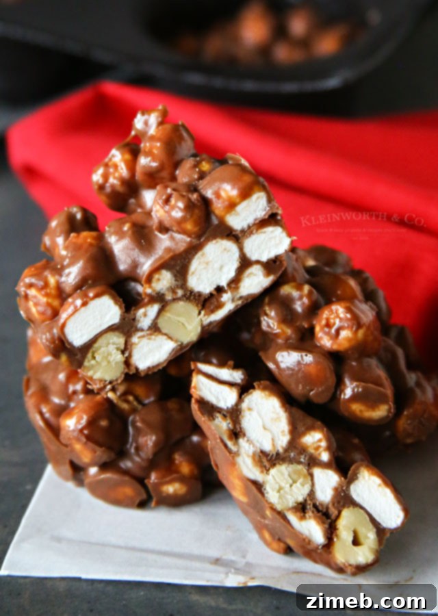 Rocky Road Express Bites 2 Closeup of freshly made 5 Minute Rocky Road Clusters with marshmallows and cashews