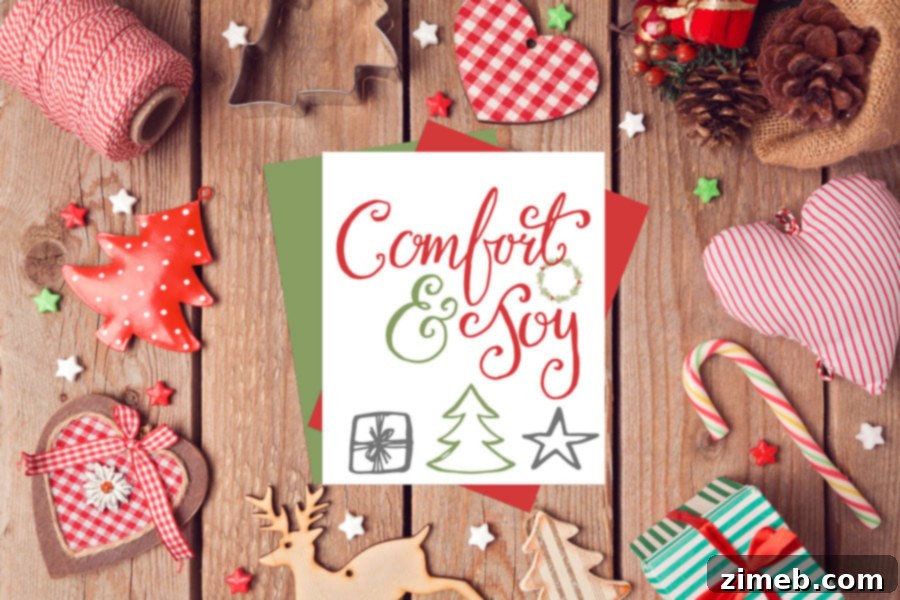 Free Holiday Comfort Joy Printables 2 Close-up of 'Comfort & Joy' holiday printable sign for Christmas