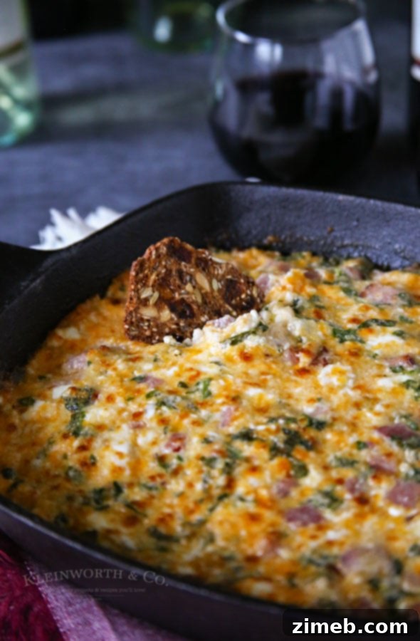Creamy Ham and Cheese Hot Spinach Dip 5 Freshly baked Ham & Cheese Hot Spinach Dip, bubbling and golden brown.