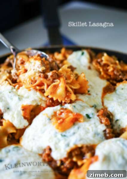 A picture of a delicious Skillet Lasagna, a quick and easy family dinner.